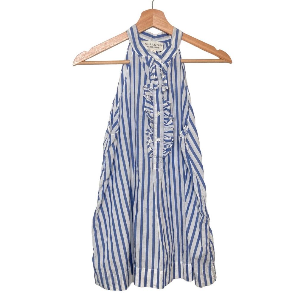 Nili Lotan Halter Blouse Ruffle Button Neckline Blue White Striped Size Medium